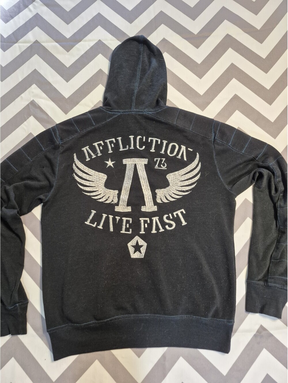 Vtg AFFLICTION Full Zip hoodie Jacket Black Premium Embroidered Skull Wings M